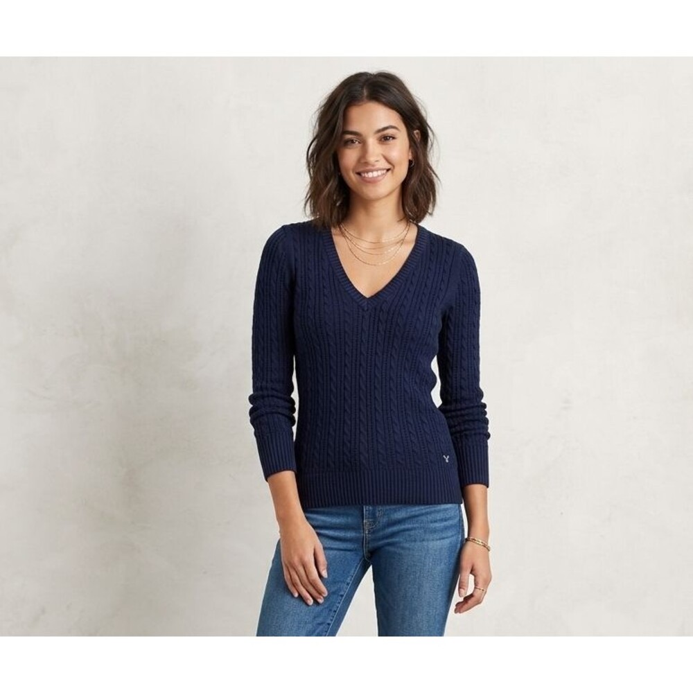 Vintage American Eagle Cable Knit  Sweater Large Blue V Neck Preppy Y2K